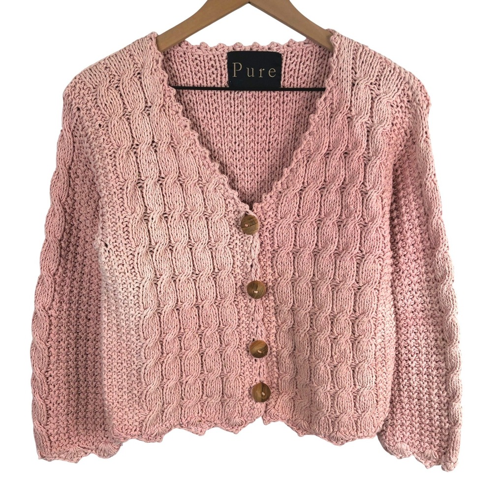PURE Cotton Cable Knit Cardigan Scalloped Hem  V-Neck Chunky Sweater Womens